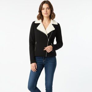 Lauren Ralph Lauren Black & White Sweater Jacket Off Set Zipper Detail Size MP